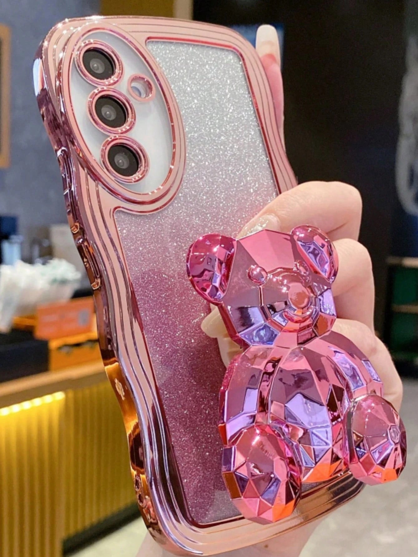 Little Bear Element Novelty Case Shockproof 3D Bear Ornament Glitter Finish Wavy Pattern Phone Case Compatible With Apple 17 Pro Max, Compatible With Galaxy S24 Ultra/S24 Plus/S24, S23 Ultra/S23 Plus