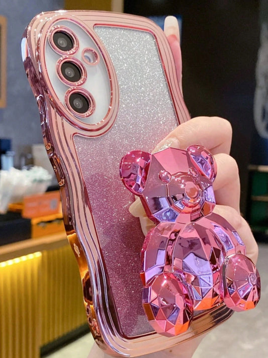 Little Bear Element Novelty Case Shockproof 3D Bear Ornament Glitter Finish Wavy Pattern Phone Case Compatible With Apple 17 Pro Max, Compatible With Galaxy S24 Ultra/S24 Plus/S24, S23 Ultra/S23 Plus