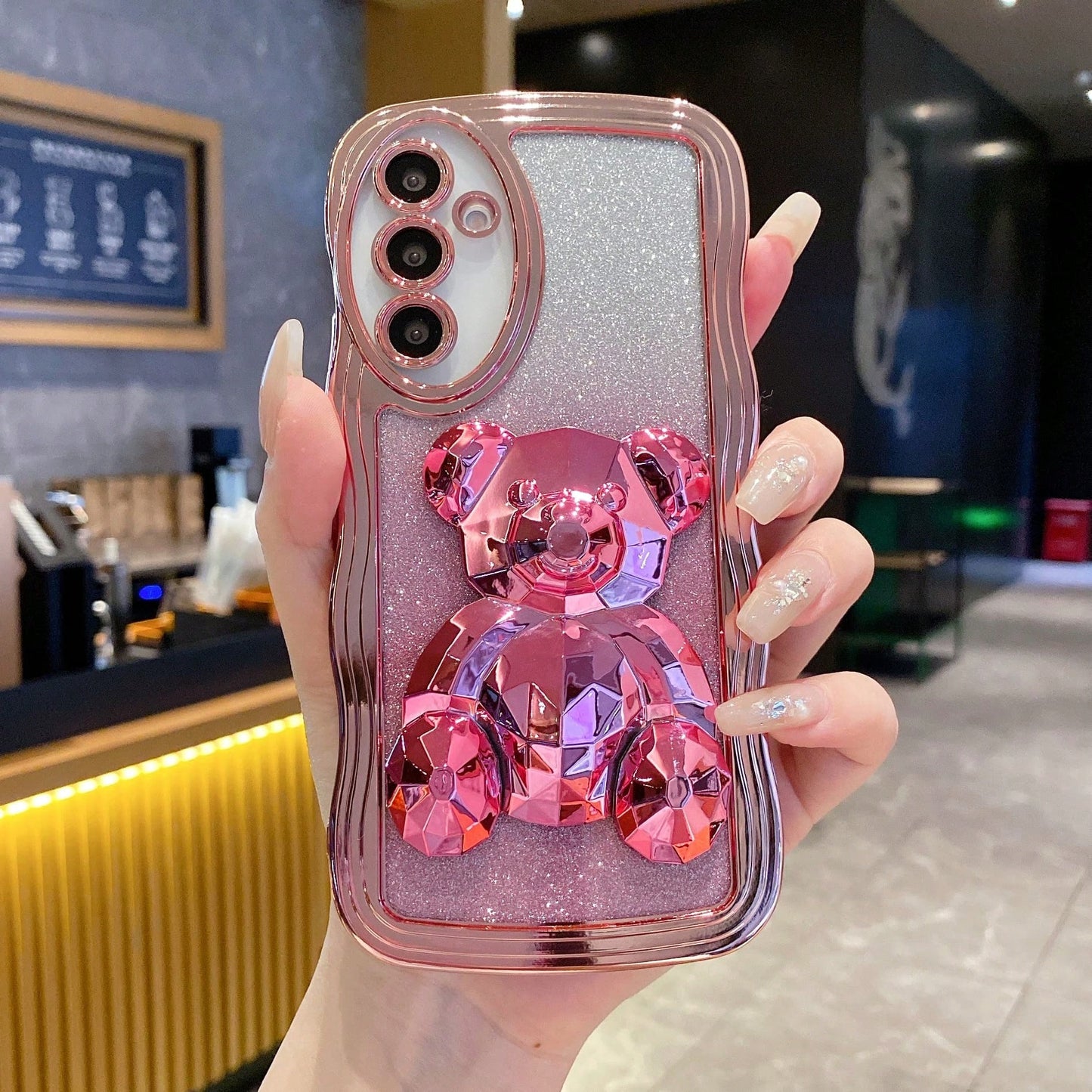 Little Bear Element Novelty Case Shockproof 3D Bear Ornament Glitter Finish Wavy Pattern Phone Case Compatible With Apple 17 Pro Max, Compatible With Galaxy S24 Ultra/S24 Plus/S24, S23 Ultra/S23 Plus