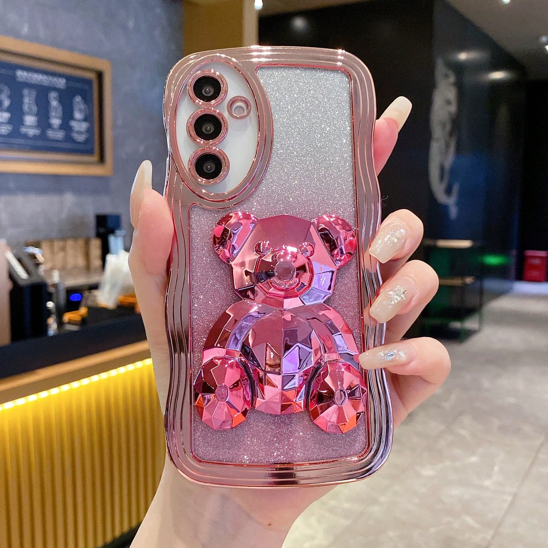 Little Bear Element Novelty Case Shockproof 3D Bear Ornament Glitter Finish Wavy Pattern Phone Case Compatible With Apple 17 Pro Max, Compatible With Galaxy S24 Ultra/S24 Plus/S24, S23 Ultra/S23 Plus