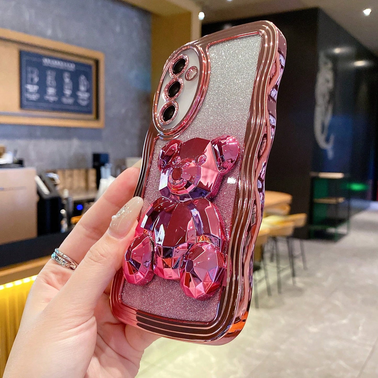 Little Bear Element Novelty Case Shockproof 3D Bear Ornament Glitter Finish Wavy Pattern Phone Case Compatible With Apple 17 Pro Max, Compatible With Galaxy S24 Ultra/S24 Plus/S24, S23 Ultra/S23 Plus