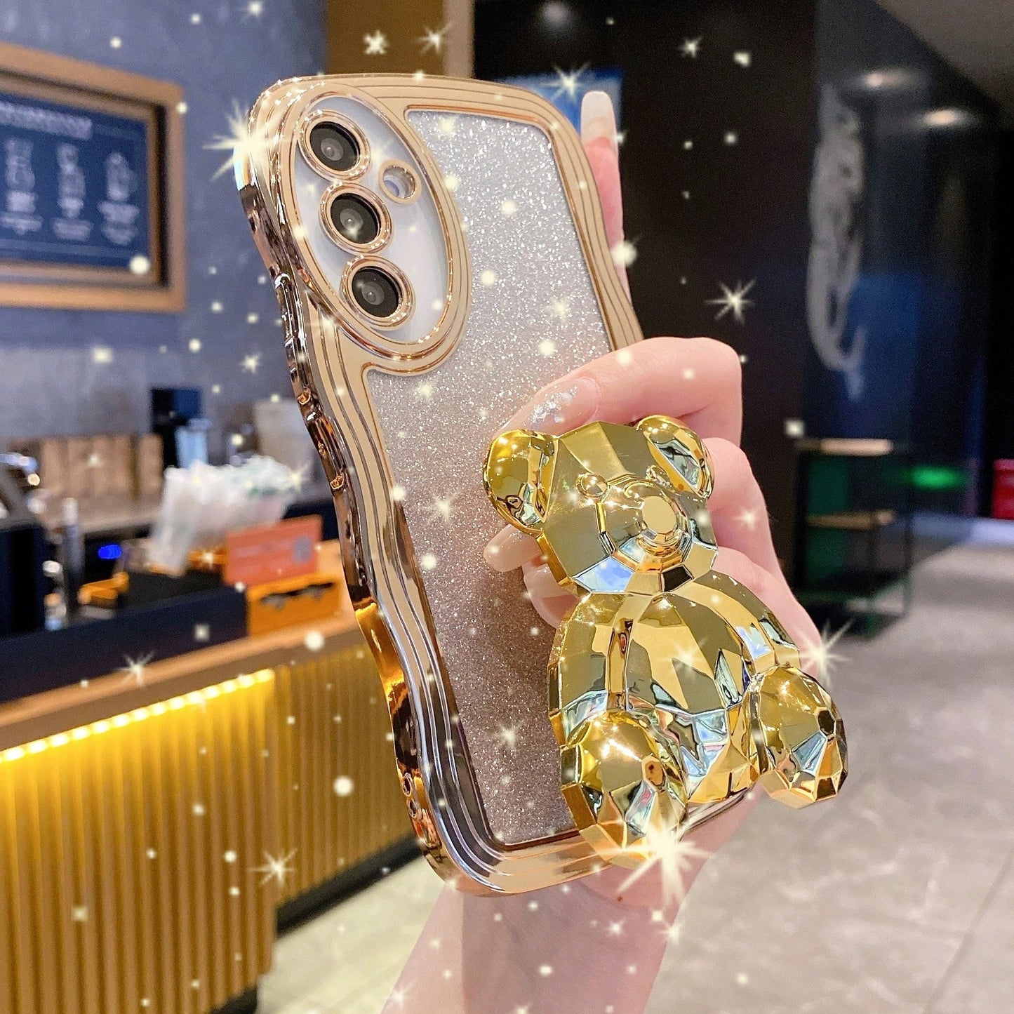 Little Bear Element Novelty Case Shockproof 3D Bear Ornament Glitter Finish Wavy Pattern Phone Case Compatible With Apple 17 Pro Max, Compatible With Galaxy S24 Ultra/S24 Plus/S24, S23 Ultra/S23 Plus