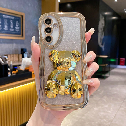 Little Bear Element Novelty Case Shockproof 3D Bear Ornament Glitter Finish Wavy Pattern Phone Case Compatible With Apple 17 Pro Max, Compatible With Galaxy S24 Ultra/S24 Plus/S24, S23 Ultra/S23 Plus