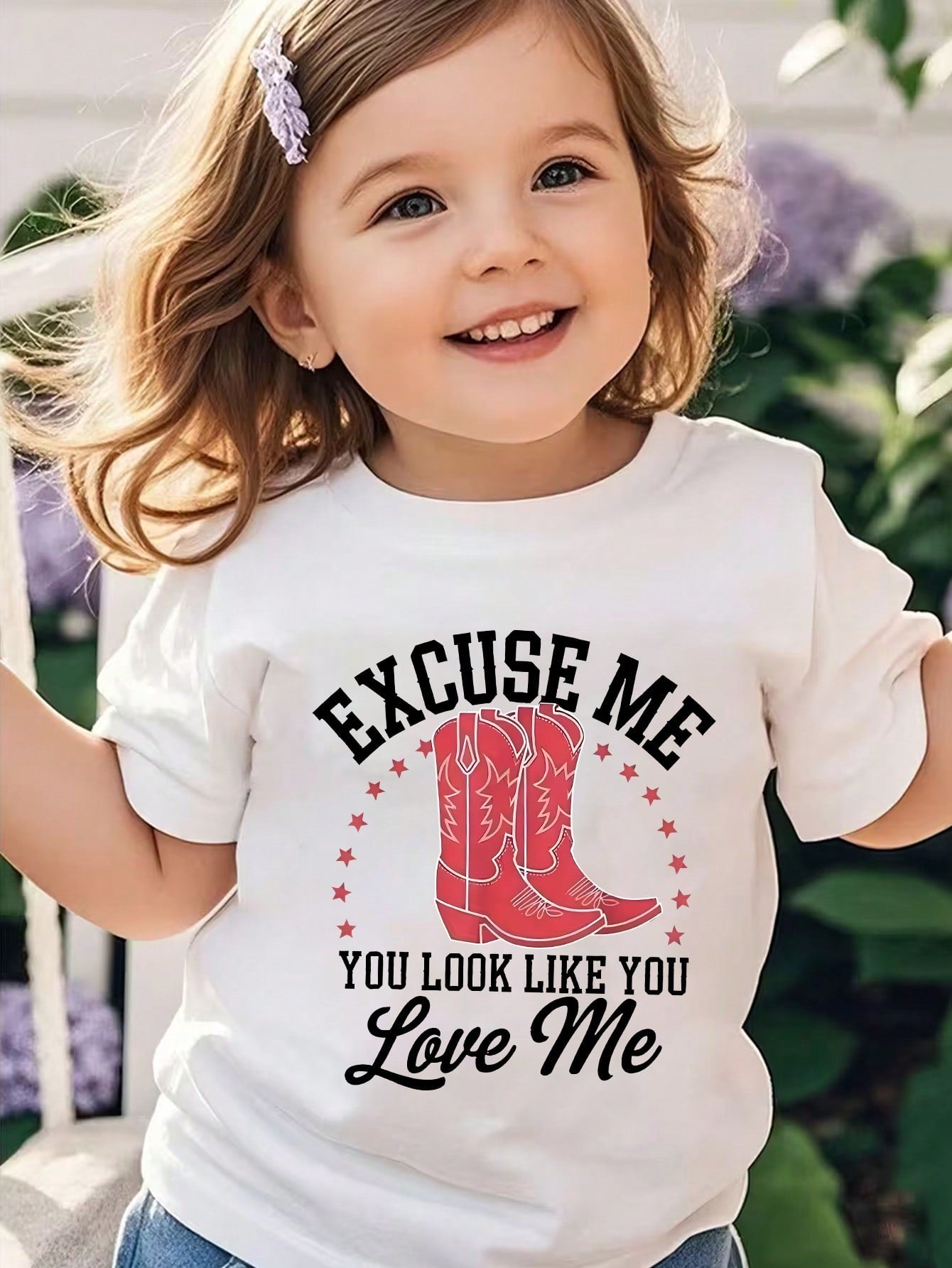 Little Girls Western Tee With Cowboy Boot Print, Vintage Design, Fashionable Short Sleeve Top For Weekend Outings.