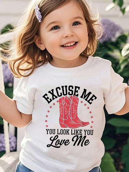 Little Girls Western Tee With Cowboy Boot Print, Vintage Design, Fashionable Short Sleeve Top For Weekend Outings.