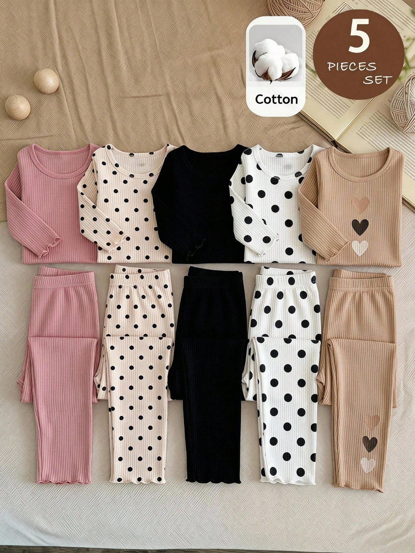 LMoss Kids Baby Girl Casual Cute Versatile Knit Polka Dot Heart Pattern Elastic Waist Long Pants 5pcs-Piece Set