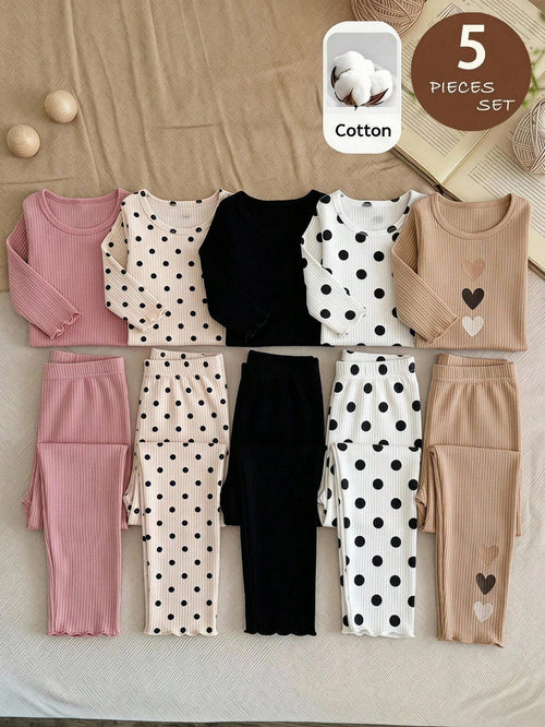 LMoss Kids Baby Girl Casual Cute Versatile Knit Polka Dot Heart Pattern Elastic Waist Long Pants 5pcs-Piece Set