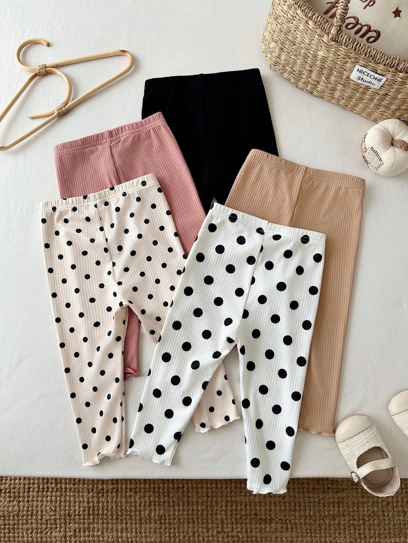 LMoss Kids Baby Girl Casual Cute Versatile Knit Polka Dot Heart Pattern Elastic Waist Long Pants 5pcs-Piece Set