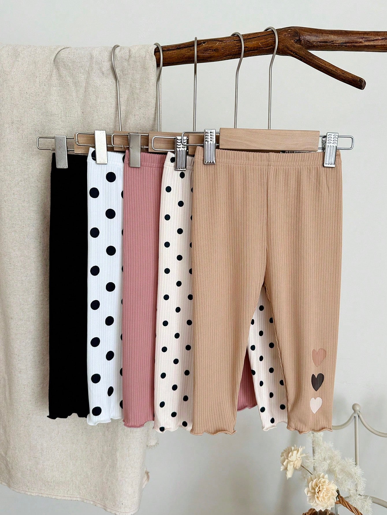 LMoss Kids Baby Girl Casual Cute Versatile Knit Polka Dot Heart Pattern Elastic Waist Long Pants 5pcs-Piece Set