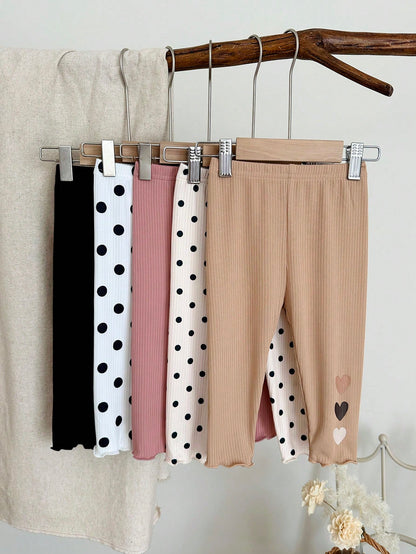 LMoss Kids Baby Girl Casual Cute Versatile Knit Polka Dot Heart Pattern Elastic Waist Long Pants 5pcs-Piece Set