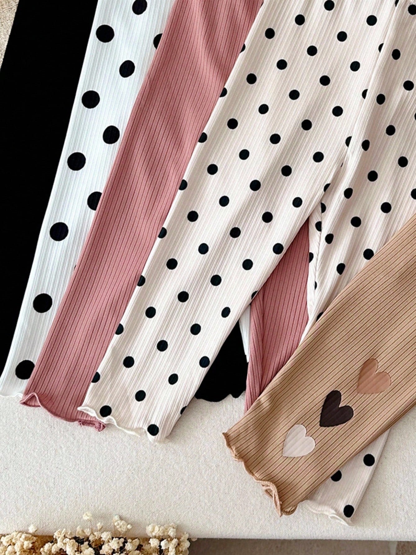 LMoss Kids Baby Girl Casual Cute Versatile Knit Polka Dot Heart Pattern Elastic Waist Long Pants 5pcs-Piece Set