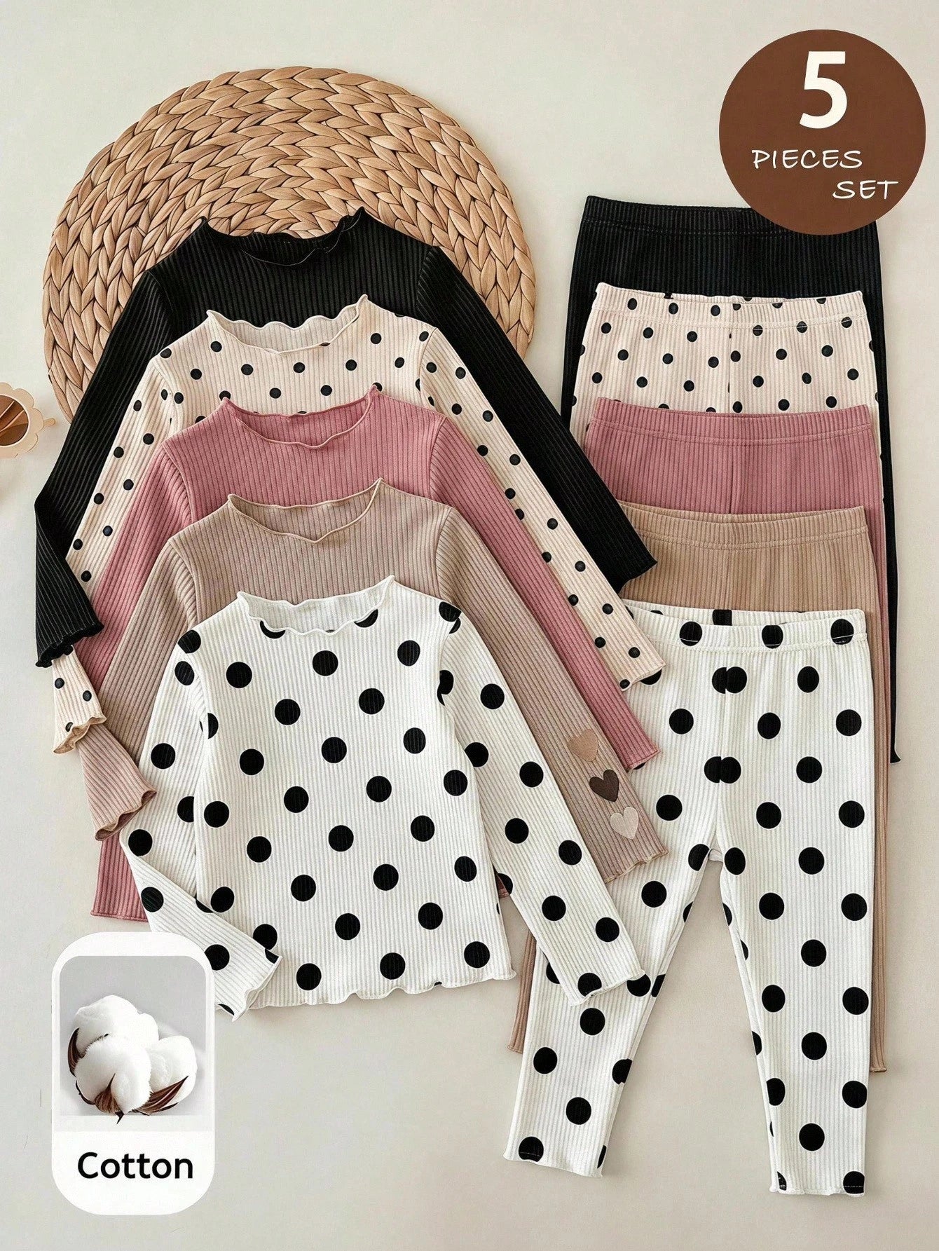 LMoss Kids Baby Girl Casual Cute Versatile Knit Polka Dot Heart Pattern Elastic Waist Long Pants 5pcs-Piece Set