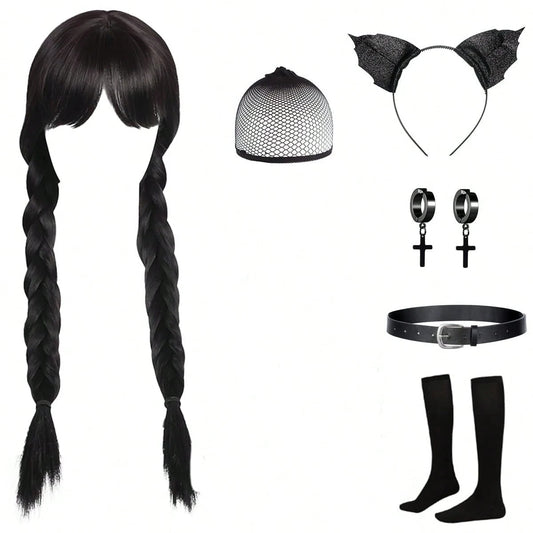 Long Black Wig Set, Halloween Costumes For Kids Girls, Braids With Bangs, Gloves, Necklace, Bracelet, Earrings, Straight Pigtails Wig For Adult Costume Cosplay