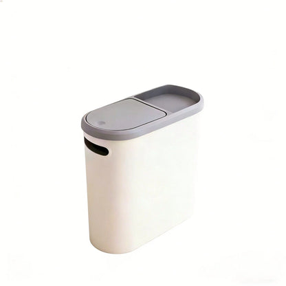 LOVEWE Stylish White & Gray Bathroom Trash Can With Lid & Handle- Large Capacity Push- Top Design, Ideal For Small Spaces