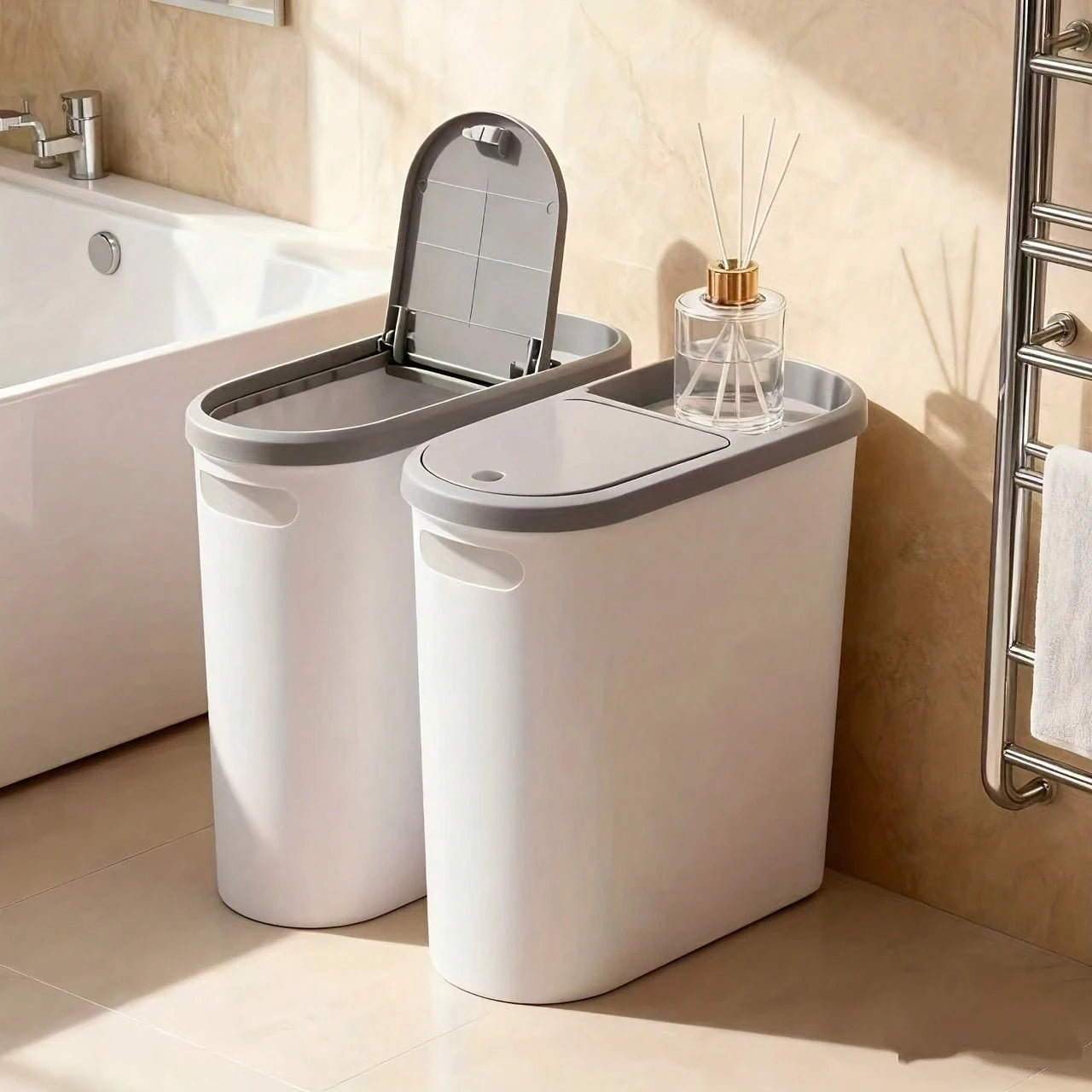 LOVEWE Stylish White & Gray Bathroom Trash Can With Lid & Handle- Large Capacity Push- Top Design, Ideal For Small Spaces