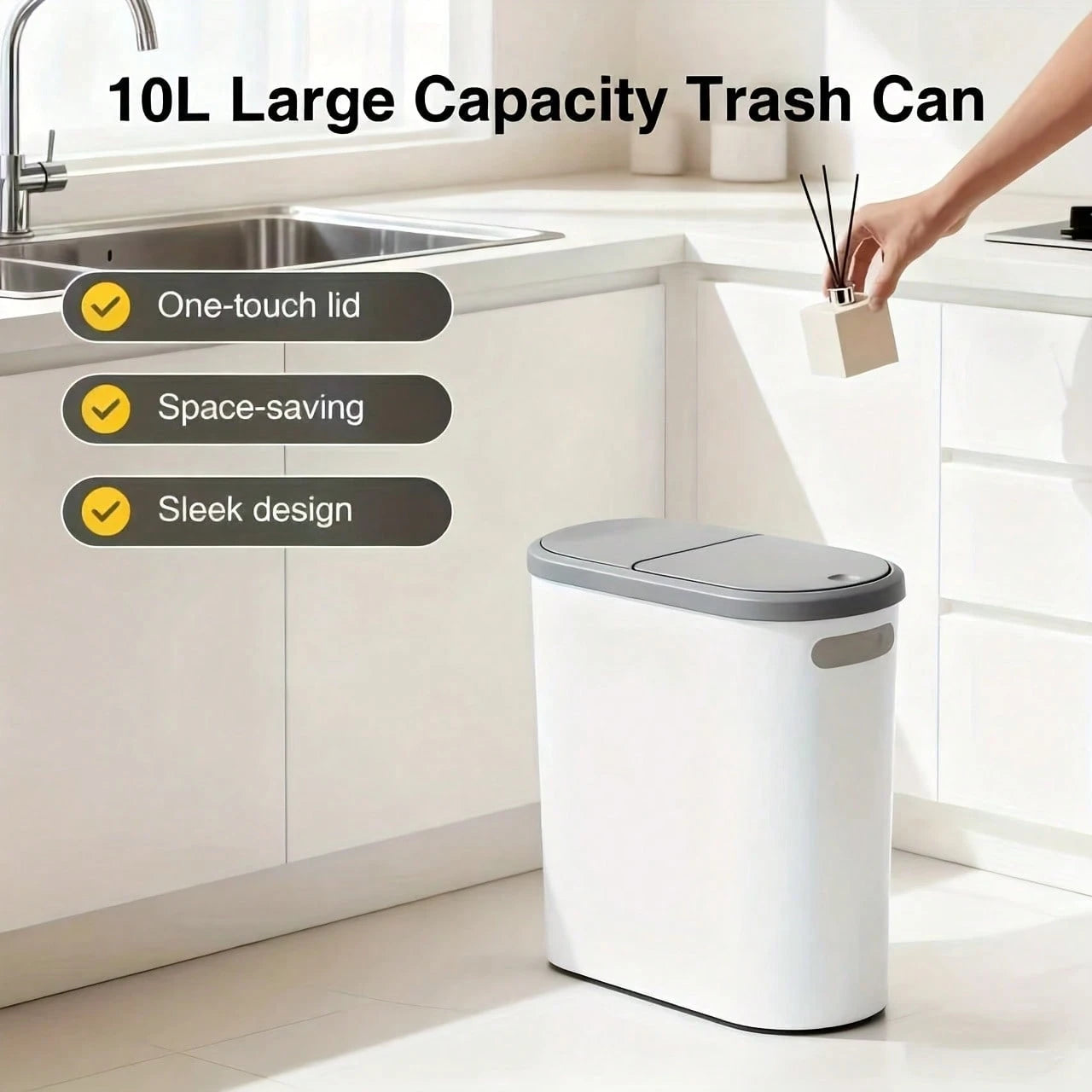 LOVEWE Stylish White & Gray Bathroom Trash Can With Lid & Handle- Large Capacity Push- Top Design, Ideal For Small Spaces