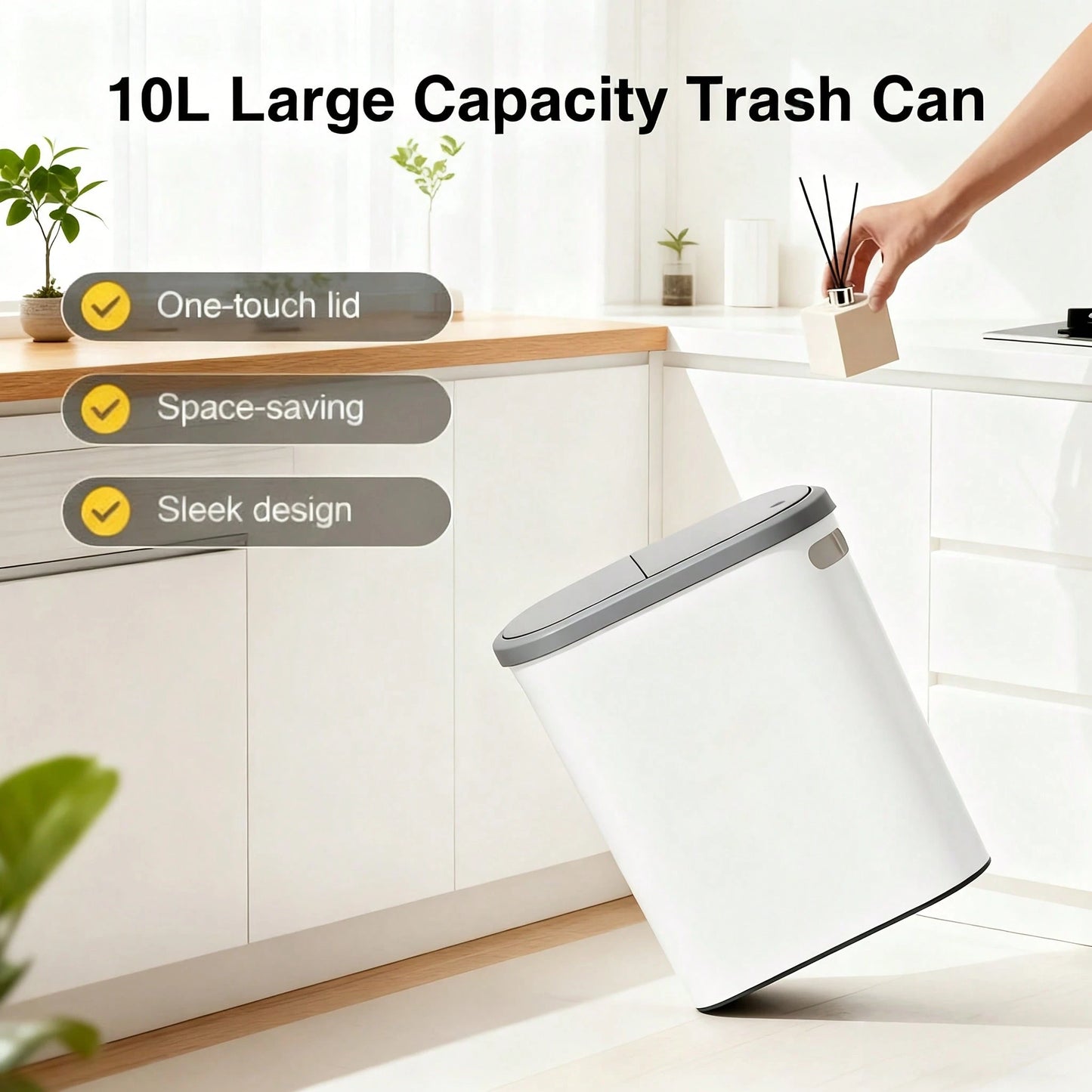 LOVEWE Stylish White & Gray Bathroom Trash Can With Lid & Handle- Large Capacity Push- Top Design, Ideal For Small Spaces