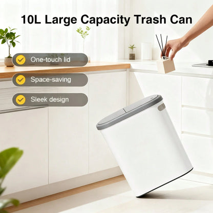 LOVEWE Stylish White & Gray Bathroom Trash Can With Lid & Handle- Large Capacity Push- Top Design, Ideal For Small Spaces