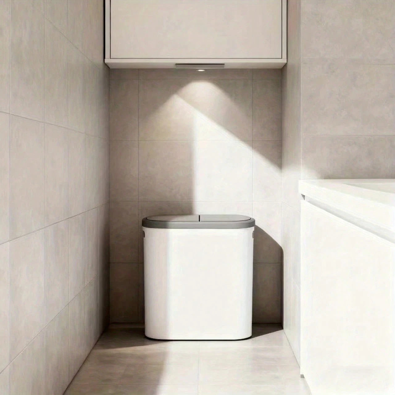 LOVEWE Stylish White & Gray Bathroom Trash Can With Lid & Handle- Large Capacity Push- Top Design, Ideal For Small Spaces