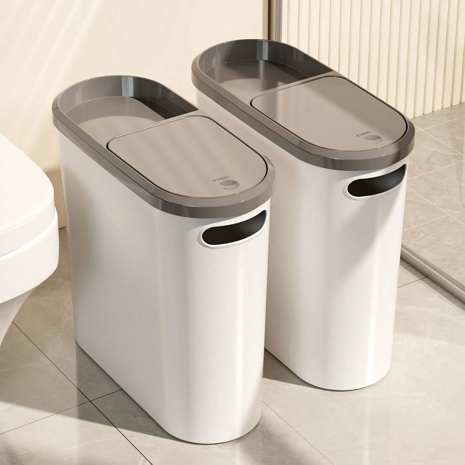 LOVEWE Stylish White & Gray Bathroom Trash Can With Lid & Handle- Large Capacity Push- Top Design, Ideal For Small Spaces