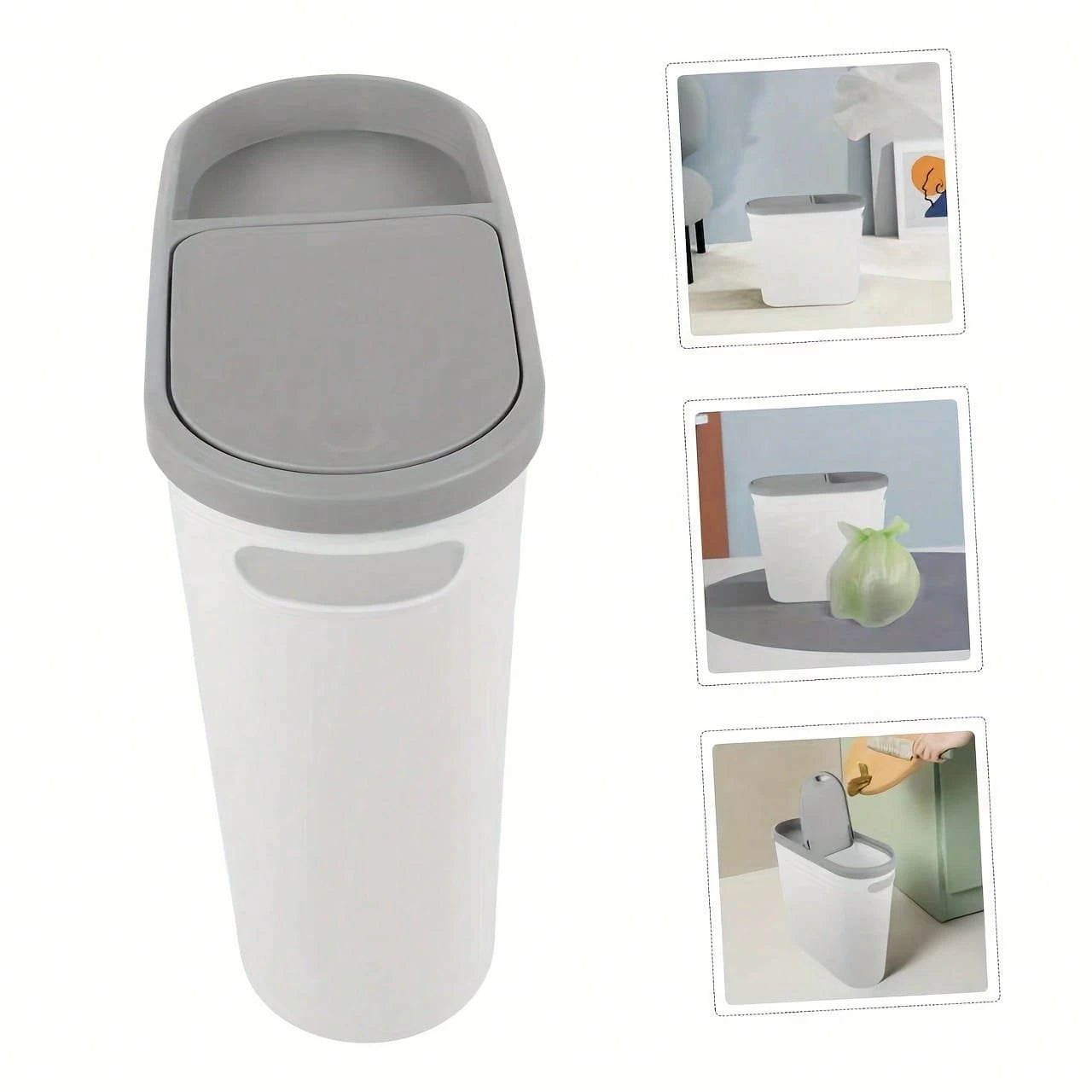 LOVEWE Stylish White & Gray Bathroom Trash Can With Lid & Handle- Large Capacity Push- Top Design, Ideal For Small Spaces