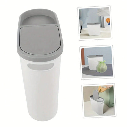 LOVEWE Stylish White & Gray Bathroom Trash Can With Lid & Handle- Large Capacity Push- Top Design, Ideal For Small Spaces