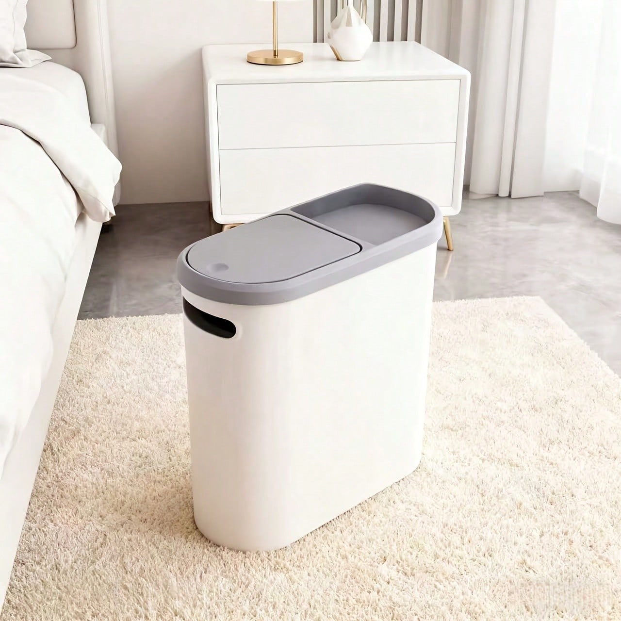 LOVEWE Stylish White & Gray Bathroom Trash Can With Lid & Handle- Large Capacity Push- Top Design, Ideal For Small Spaces