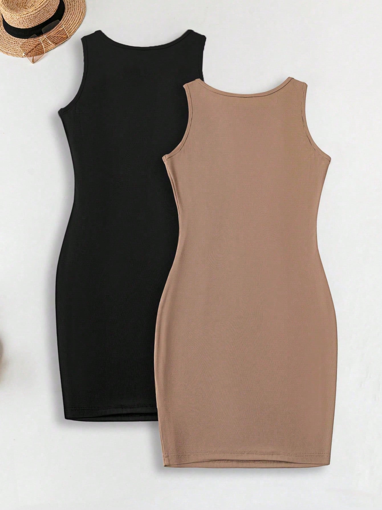 LUNE 2pcs Women Casual Minimalist Basic Bodycon Tank Dress + Crew Neck Slim Fit Mini Dress Set Chic Dress,Casual Vacation Black Light Brown Summer