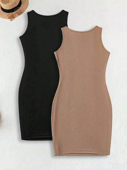 LUNE 2pcs Women Casual Minimalist Basic Bodycon Tank Dress + Crew Neck Slim Fit Mini Dress Set Chic Dress,Casual Vacation Black Light Brown Summer