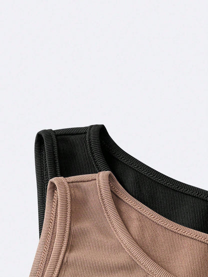 LUNE 2pcs Women Casual Minimalist Basic Bodycon Tank Dress + Crew Neck Slim Fit Mini Dress Set Chic Dress,Casual Vacation Black Light Brown Summer