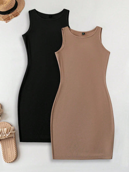 LUNE 2pcs Women Casual Minimalist Basic Bodycon Tank Dress + Crew Neck Slim Fit Mini Dress Set Chic Dress,Casual Vacation Black Light Brown Summer