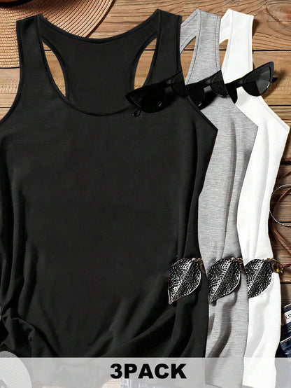 LUNE 3pcs/Set Plus Size Casual Minimalist Tank Tops, Black, White, Light Floral Gray