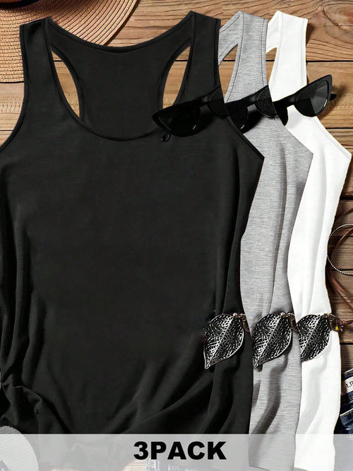 LUNE 3pcs/Set Plus Size Casual Minimalist Tank Tops, Black, White, Light Floral Gray