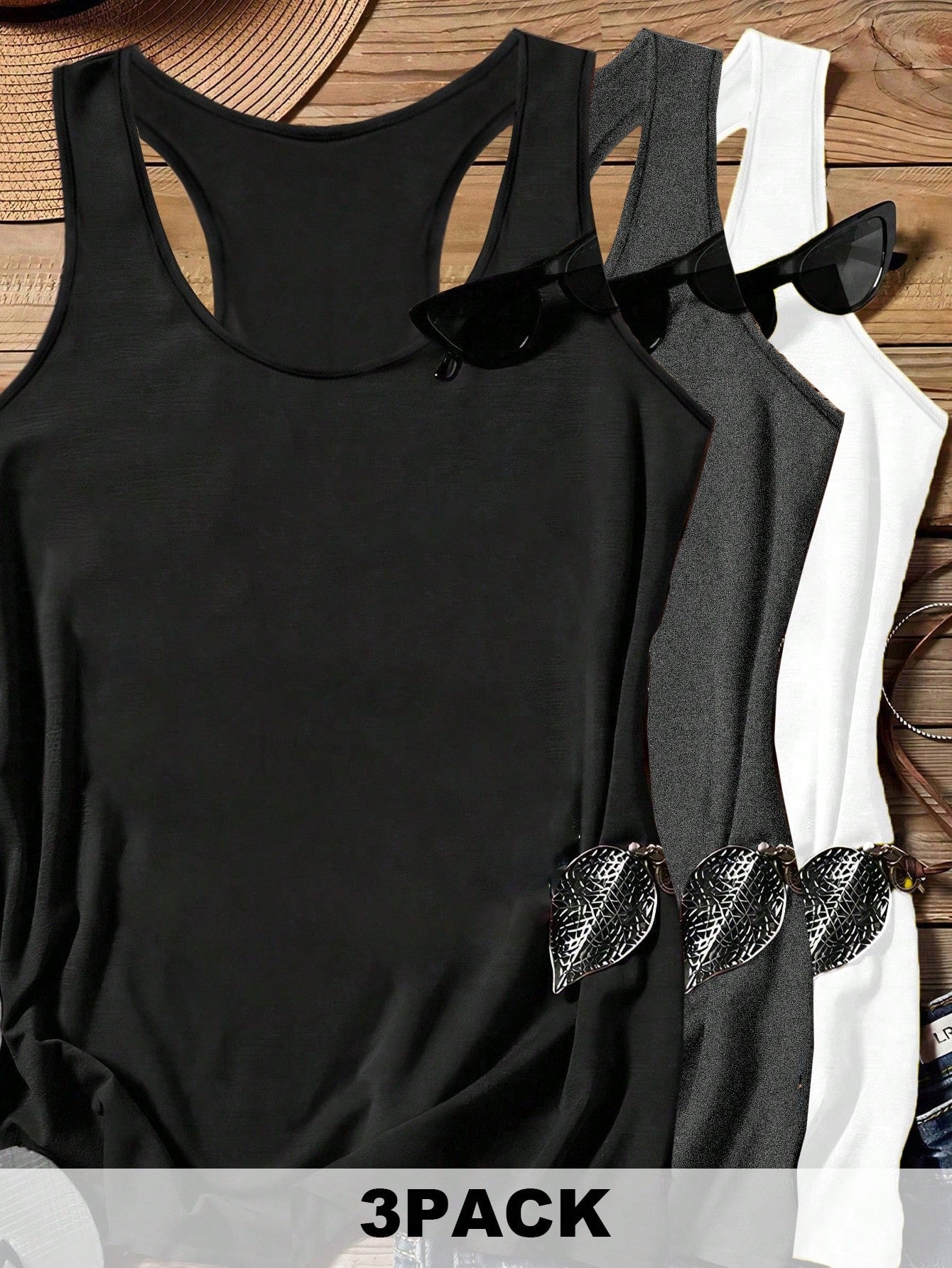 LUNE 3pcs/Set Plus Size Casual Minimalist Tank Tops, Black, White, Light Floral Gray