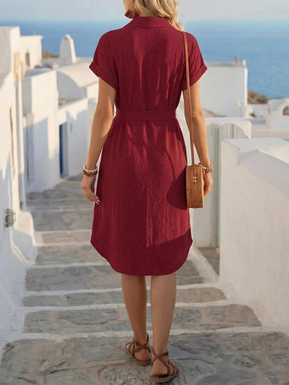 LUNE Ladies Fashionable Solid Color Short Sleeve Buttoned Dress