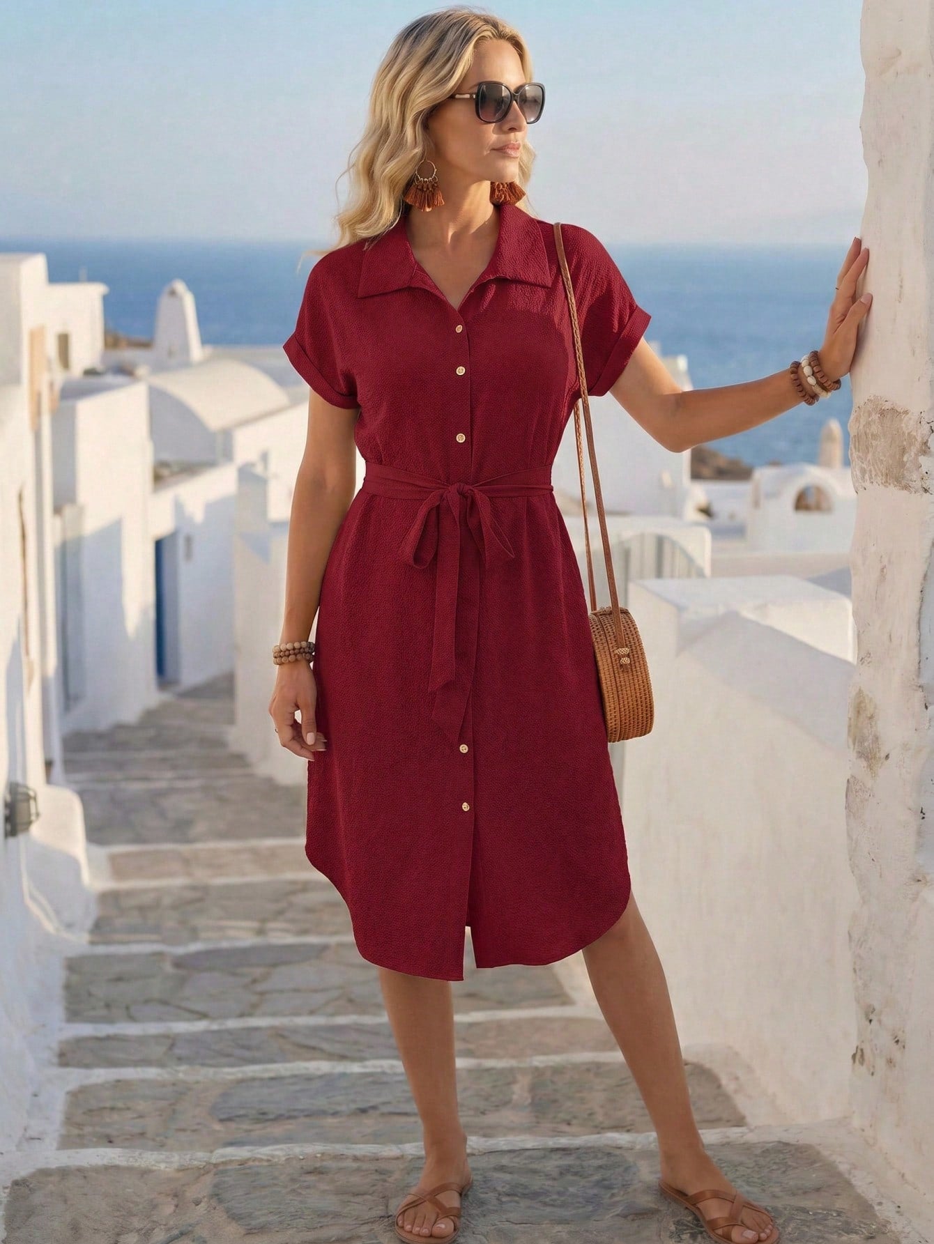 LUNE Ladies Fashionable Solid Color Short Sleeve Buttoned Dress