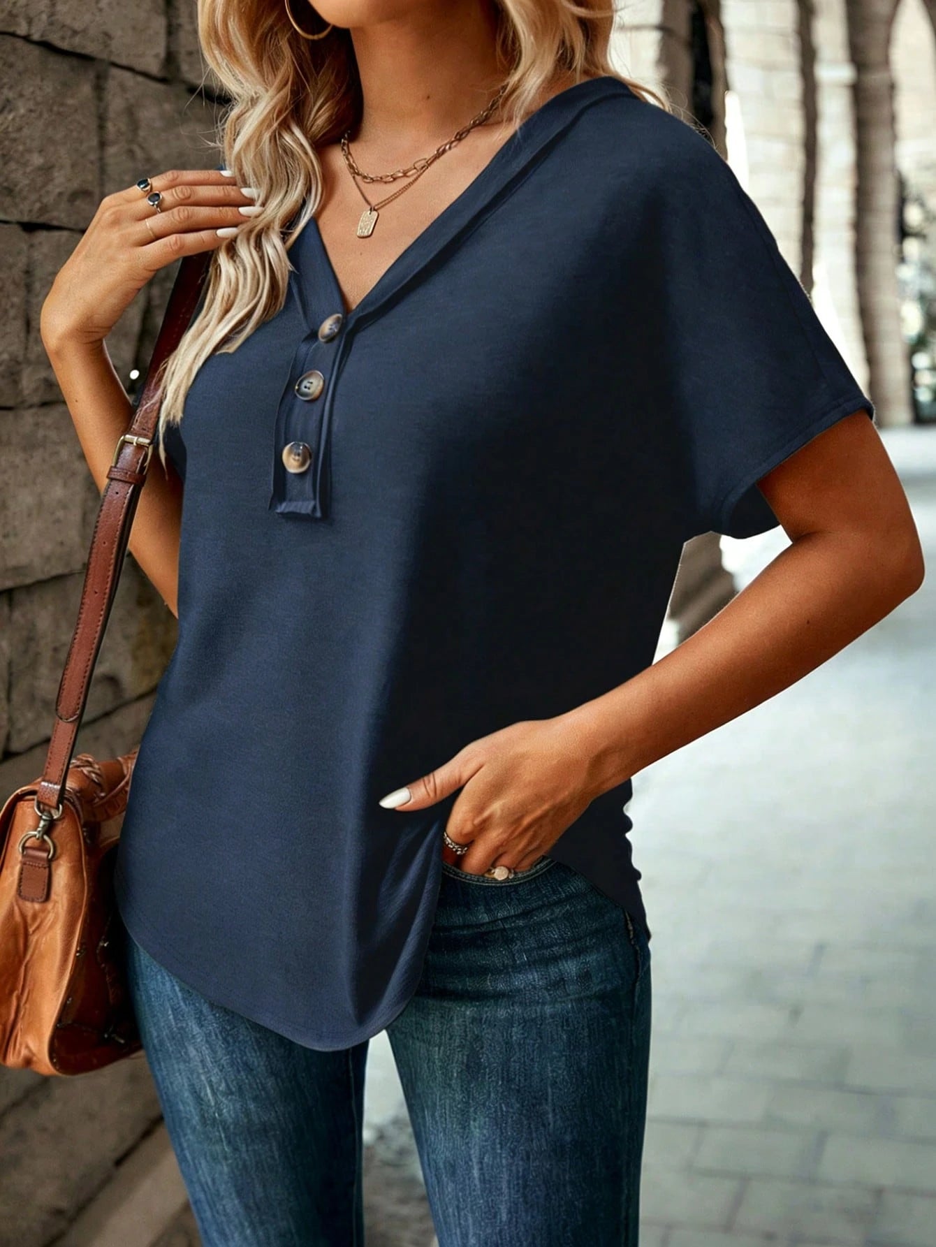 LUNE New Fashion Casual Retro Collar Splice Leopard Print Short Sleeve Casual Basic Wide V-Neck Button 3pcs Plus Size T-Shirt