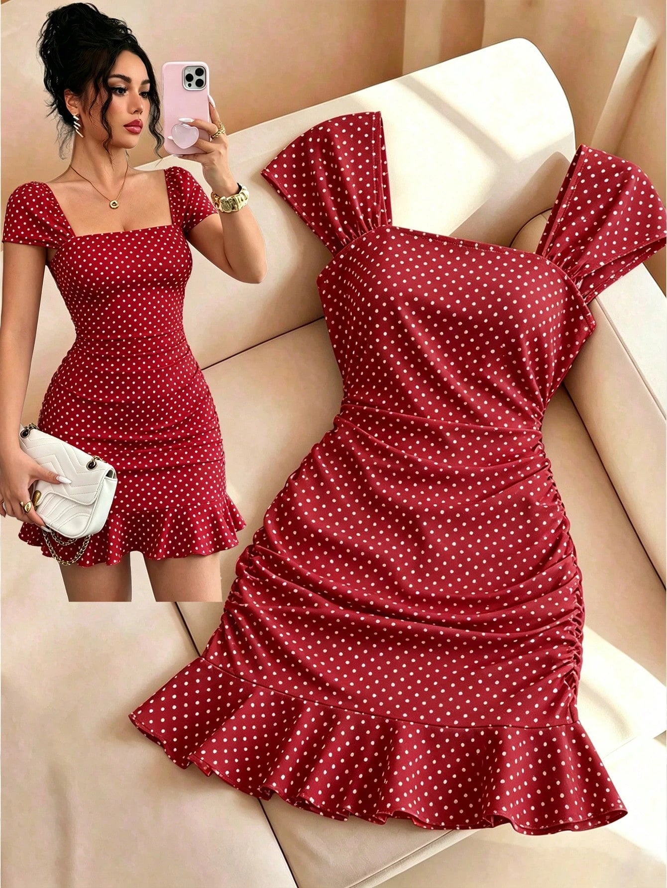 LUNE New Women's Square Neck Polka Dot Print Ruched Waist Ruffle Hem Dress, Suitable For Dating And Vacation Wear