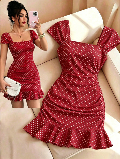 LUNE New Women's Square Neck Polka Dot Print Ruched Waist Ruffle Hem Dress, Suitable For Dating And Vacation Wear