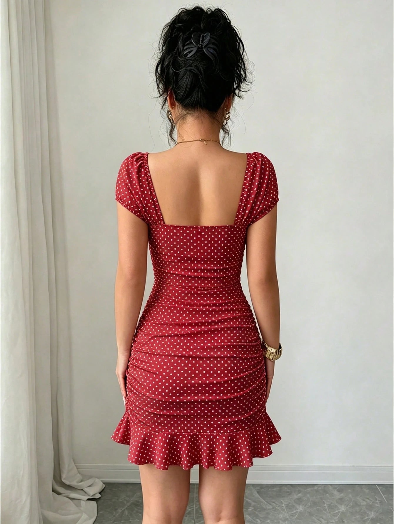 LUNE New Women's Square Neck Polka Dot Print Ruched Waist Ruffle Hem Dress, Suitable For Dating And Vacation Wear