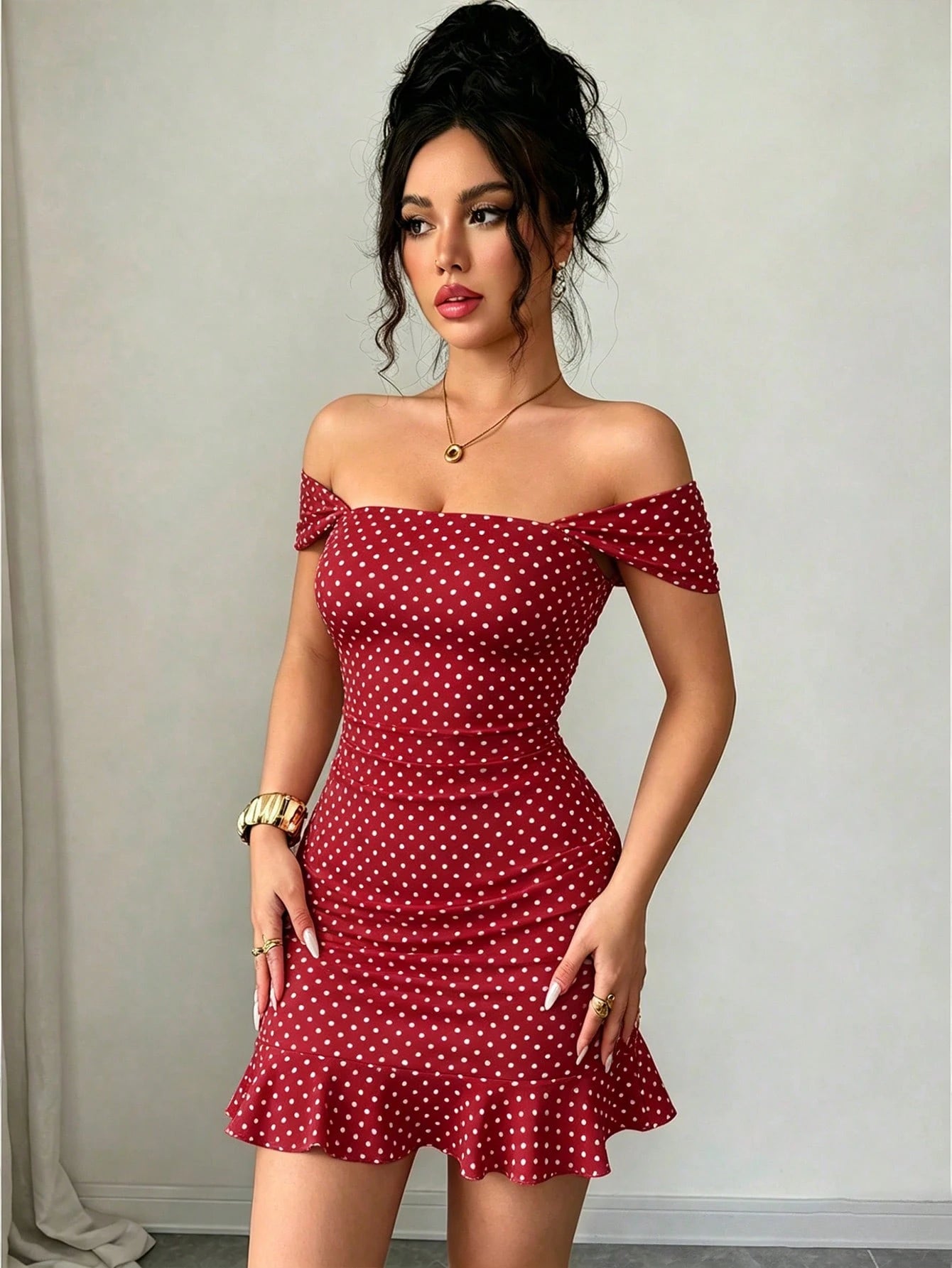 LUNE New Women's Square Neck Polka Dot Print Ruched Waist Ruffle Hem Dress, Suitable For Dating And Vacation Wear