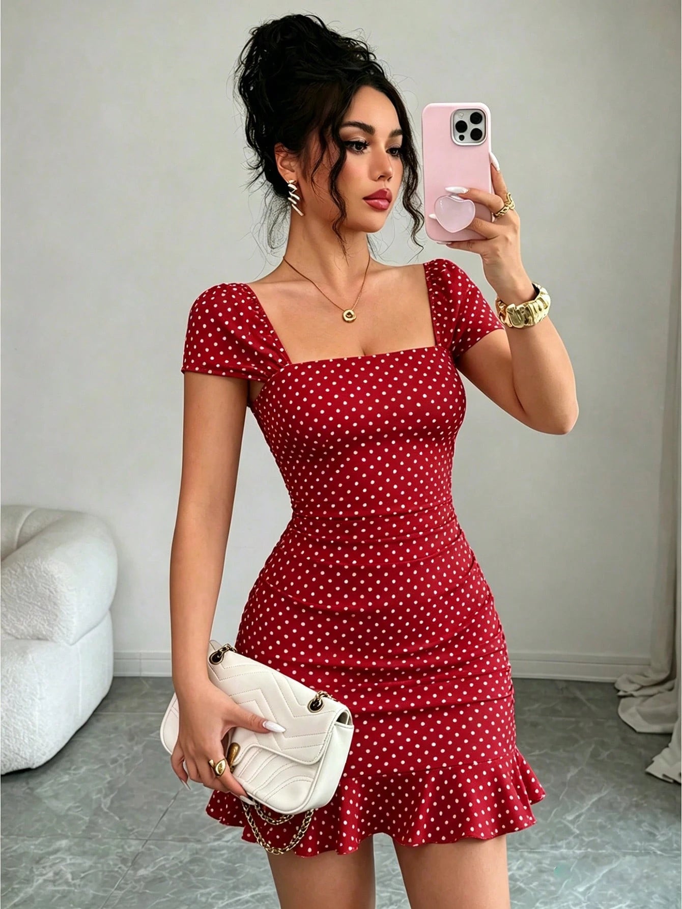 LUNE New Women's Square Neck Polka Dot Print Ruched Waist Ruffle Hem Dress, Suitable For Dating And Vacation Wear