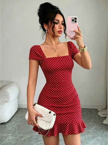 LUNE New Women's Square Neck Polka Dot Print Ruched Waist Ruffle Hem Dress, Suitable For Dating And Vacation Wear