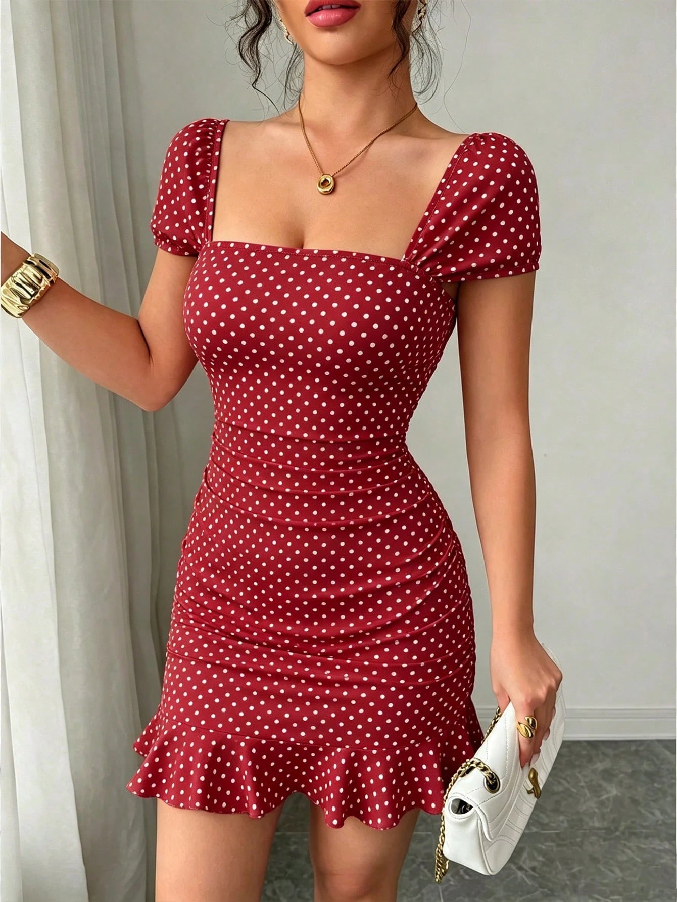 LUNE New Women's Square Neck Polka Dot Print Ruched Waist Ruffle Hem Dress, Suitable For Dating And Vacation Wear