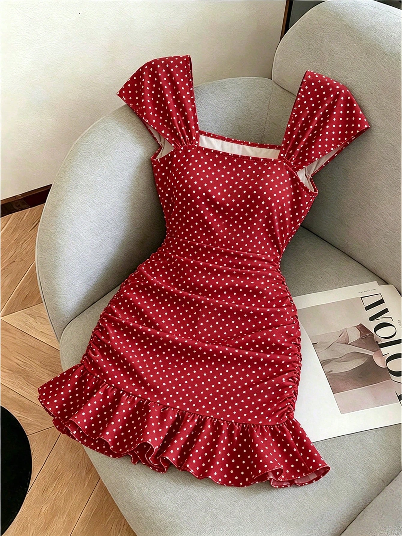 LUNE New Women's Square Neck Polka Dot Print Ruched Waist Ruffle Hem Dress, Suitable For Dating And Vacation Wear