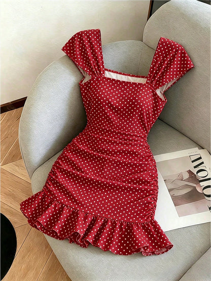 LUNE New Women's Square Neck Polka Dot Print Ruched Waist Ruffle Hem Dress, Suitable For Dating And Vacation Wear