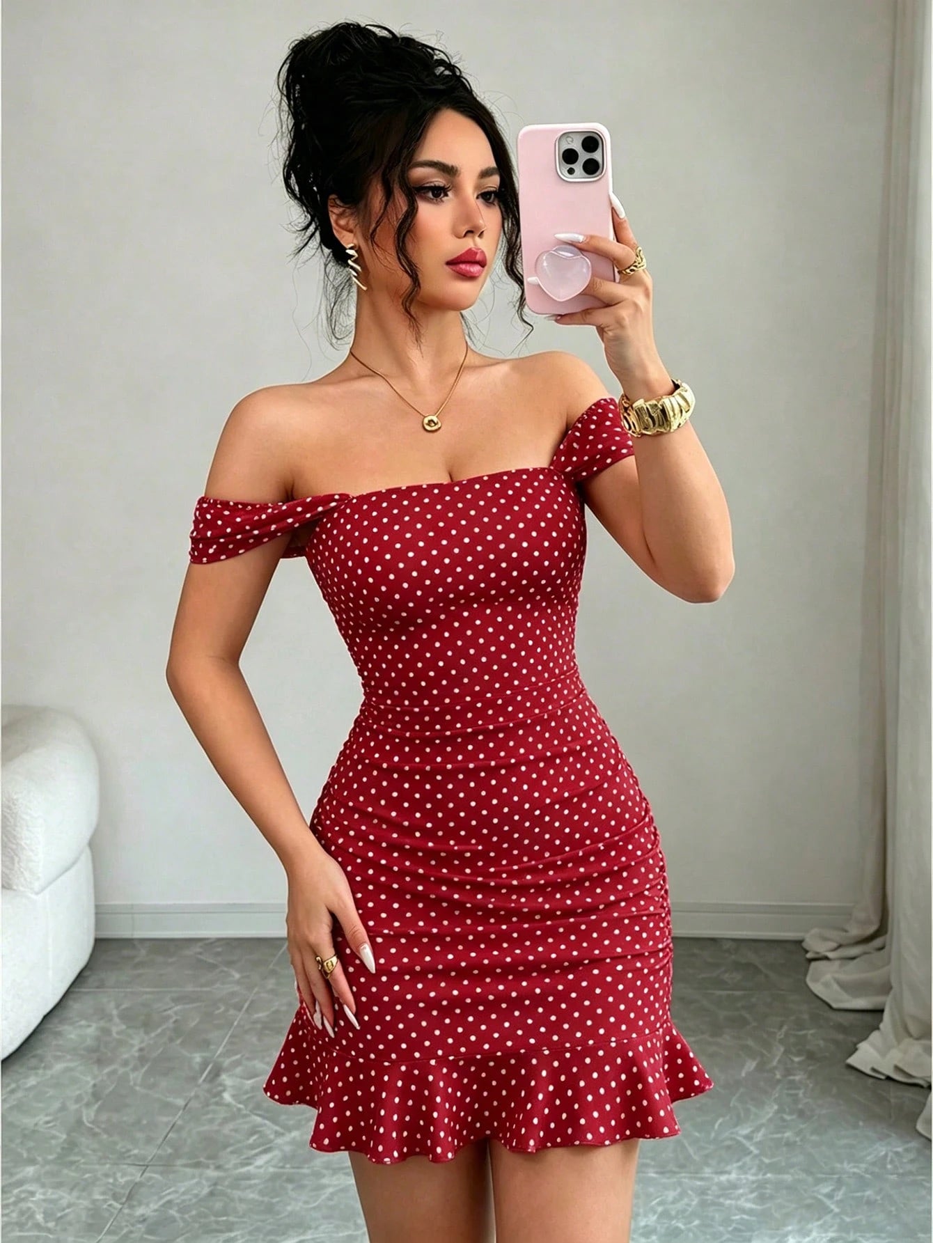LUNE New Women's Square Neck Polka Dot Print Ruched Waist Ruffle Hem Dress, Suitable For Dating And Vacation Wear