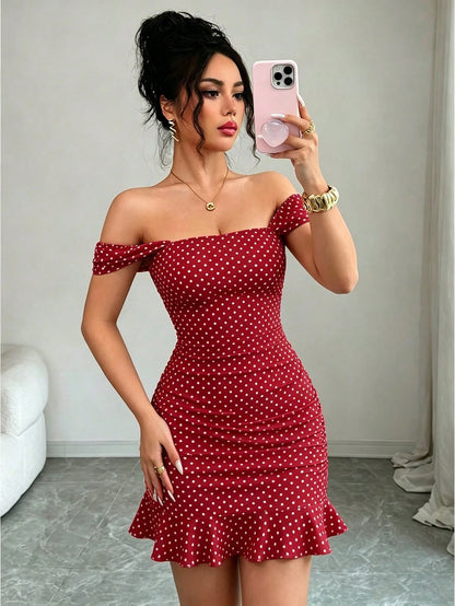 LUNE New Women's Square Neck Polka Dot Print Ruched Waist Ruffle Hem Dress, Suitable For Dating And Vacation Wear