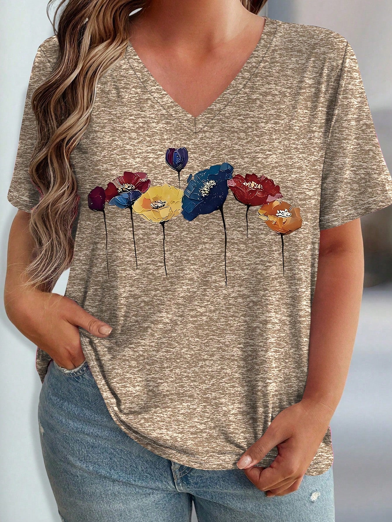 LUNE Plus Size Elegant Floral Print Casual Women V-Neck Short Sleeve T-Shirt