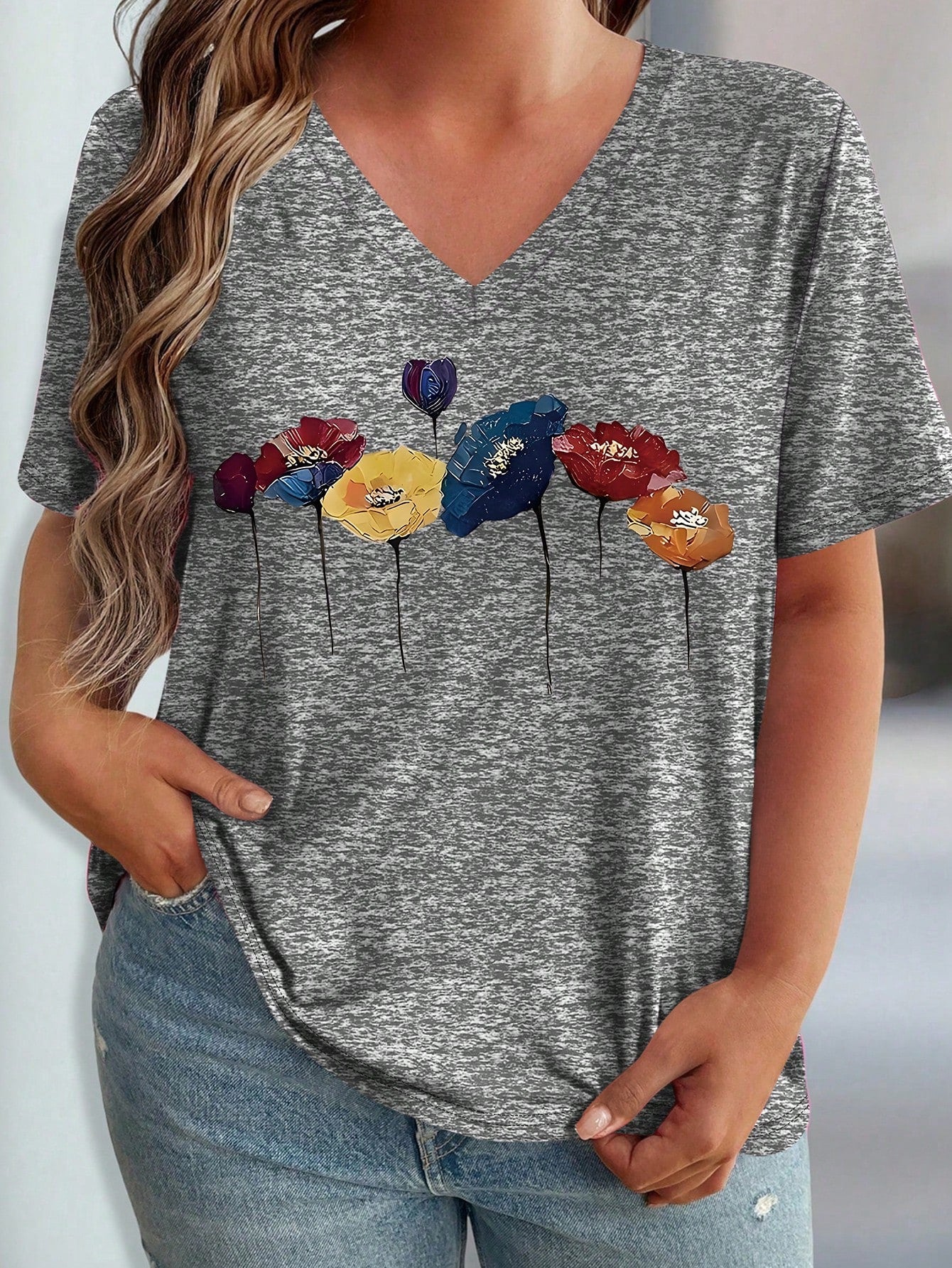 LUNE Plus Size Elegant Floral Print Casual Women V-Neck Short Sleeve T-Shirt